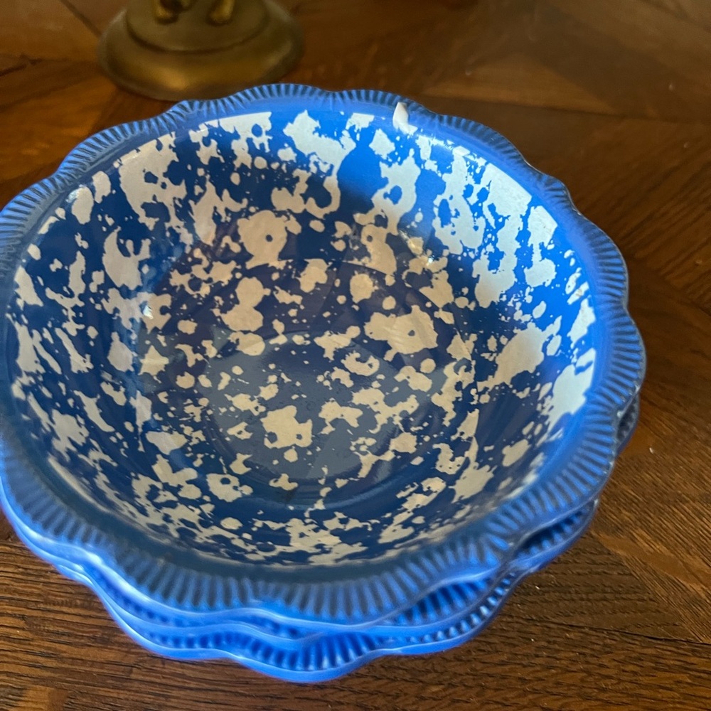 Pioneer Woman set of three blue country splatter dip bowls.